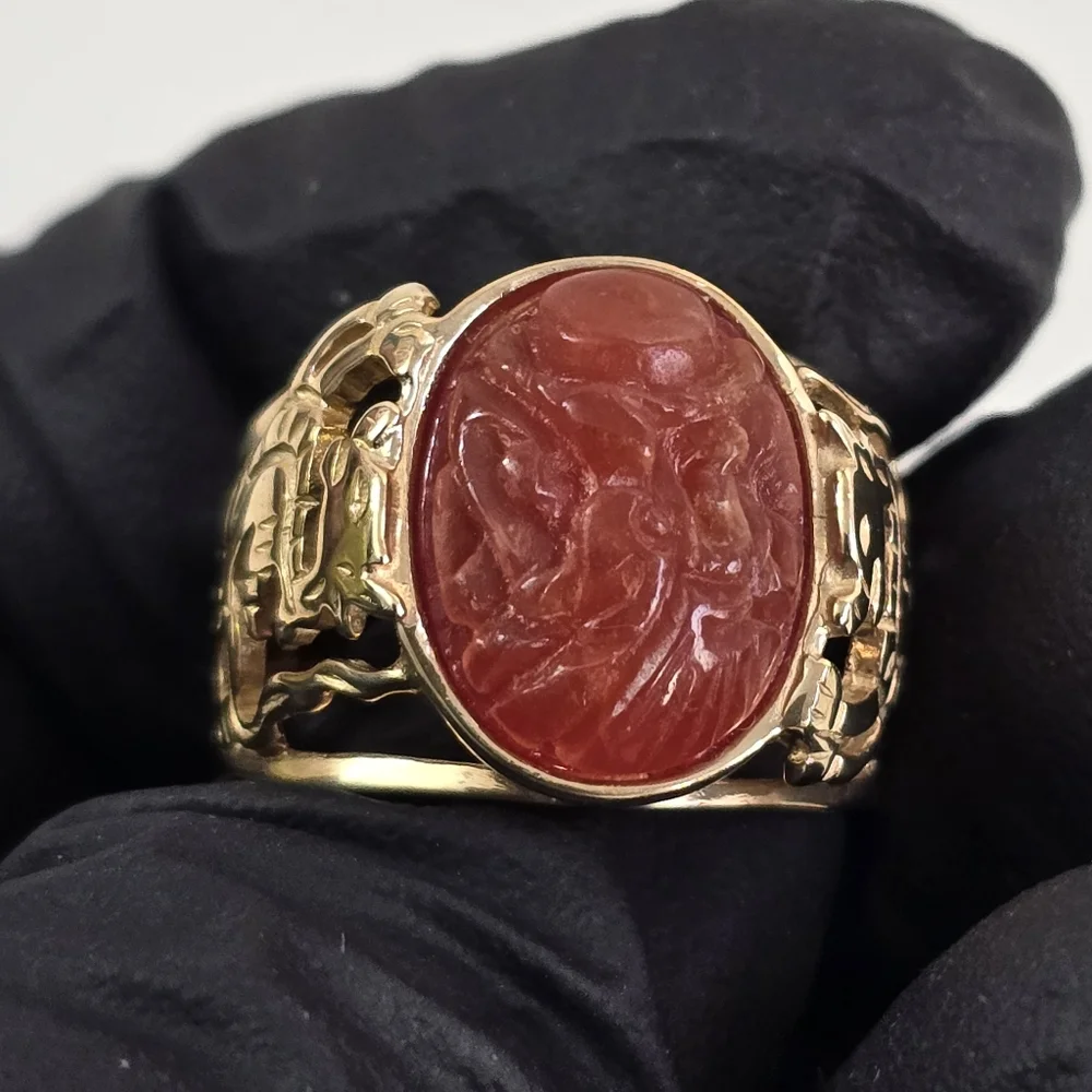 Heavy Rare / 14K Gold Carnelian Carved Chinese Dragon Ring